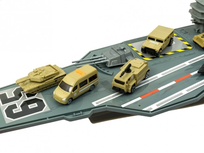 Large Military Aircraft Carrier with Planes and Vehicles