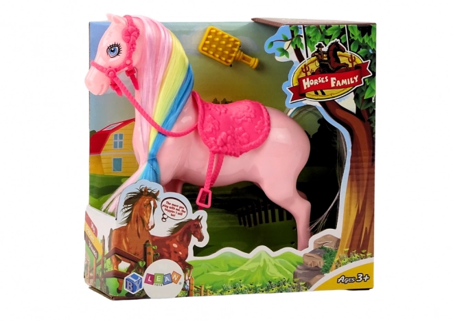 Colorful Mane Horse Toy with Pink Saddle and Brush