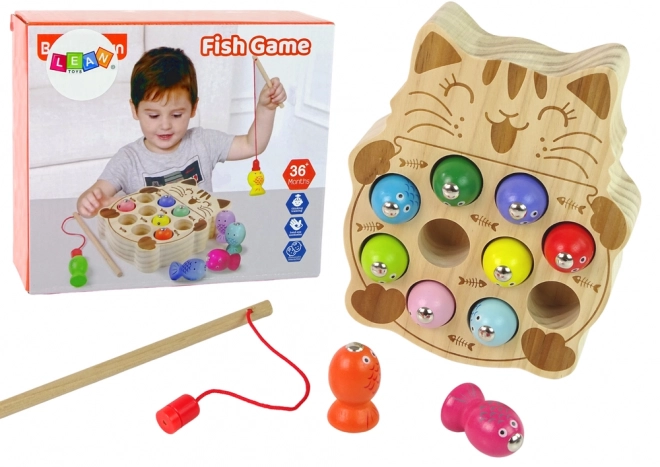 Wooden Fishing Game with Cat and 2 Rods