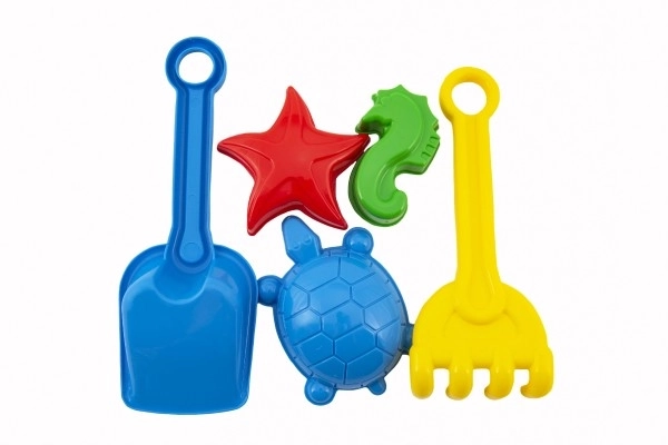 Sand Play Set Plastic Shovel, Rake, 3 Molds in 3 Colors