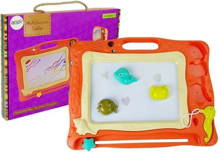 Magnetic drawing board with sounds and light with a set of stamps