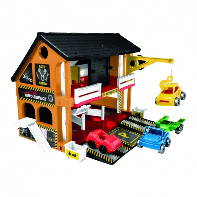 Two-Story Car Service Station Set with 3 Cars by Wader