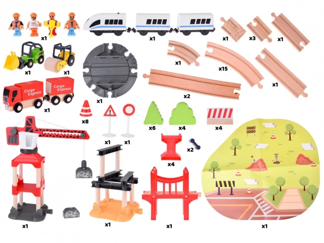 Wooden Train Set with Transport Base and Crane