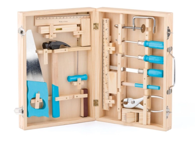 Set completo di attrezzi in legno in una valigetta ben organizzata