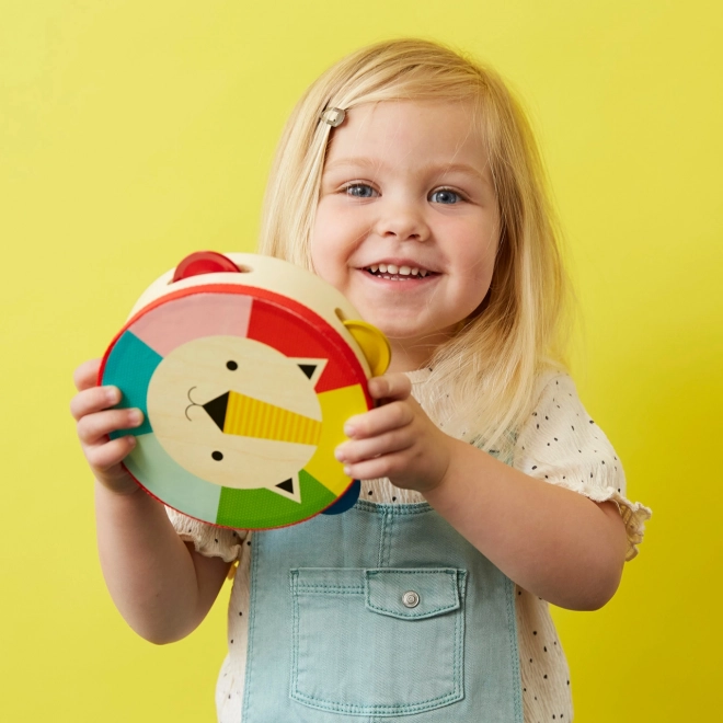 Wooden Tambourine with Rainbow Lion Design