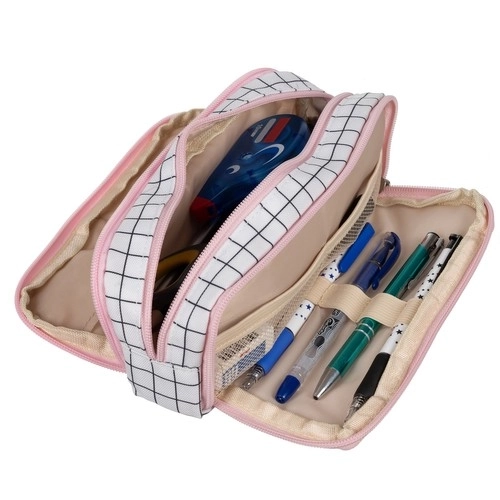 Foldable Triple Compartment School Pencil Case in Checkered