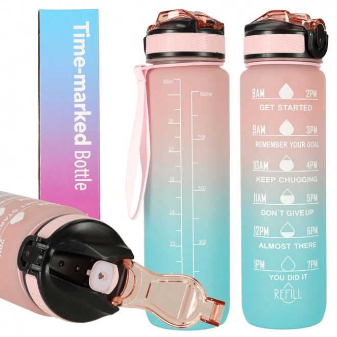 Motivational Water Bottle with Straw and Handle - 1L Pink Blue