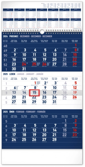 NOTIQUE Nástěnný kalendář 3měsíční standard modrý – s ročním přehledem 2025, 29,5 x 43 cm