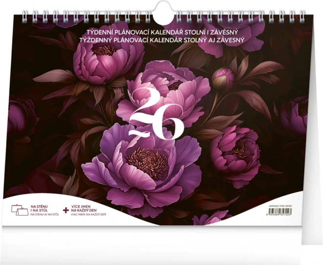 Wekelijkse planner kalender Paarse bloemen 2026, 30 x 21 cm