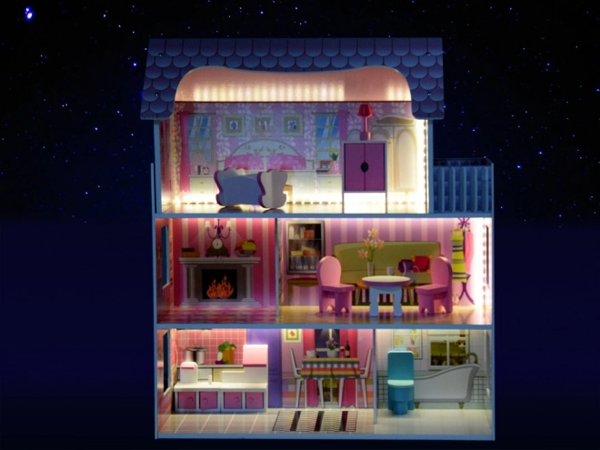 Wooden Dollhouse with Furniture and LED Lights