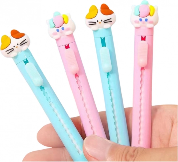 Slide-out eraser with cat figure blue pink