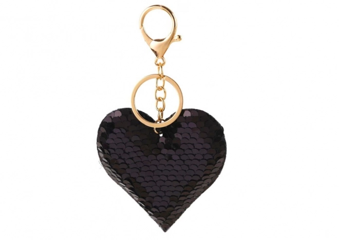 Heart Keychain with Reversible Sequins in Silver and Black