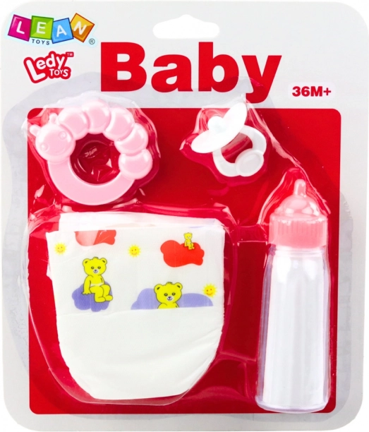 Set accessoires voor poppen met fles, speen, luier en rammelaar