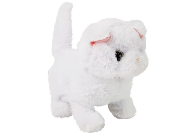 Interactive white Persian cat walks with tail on battery