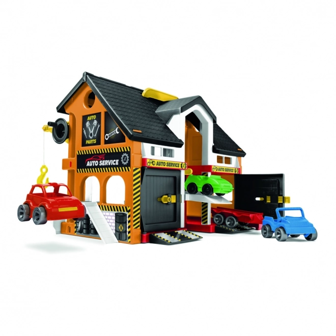 Two-Story Car Service Station Set with 3 Cars by Wader