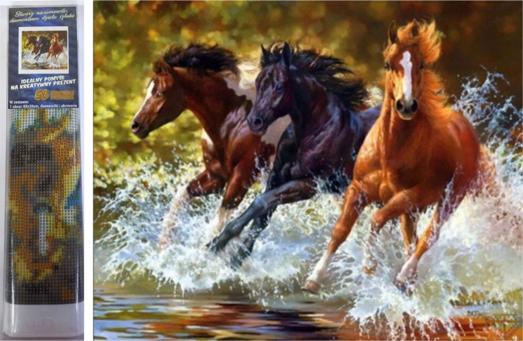 Dijamantno slikanje – konji u rijeci 30 × 40 cm