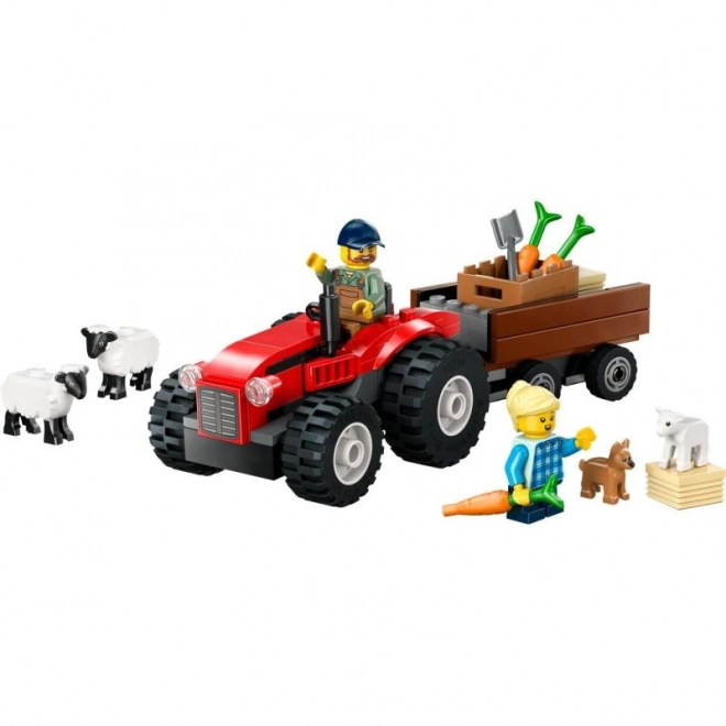 red tractor with trailer and sheep