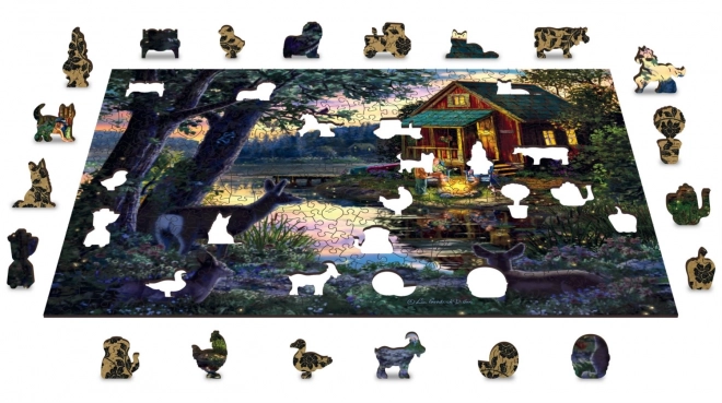 Wooden Puzzle With Figurines Evening at the Lakehouse