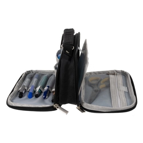 Large Black School Pencil Case - Expandable Dual Compartment