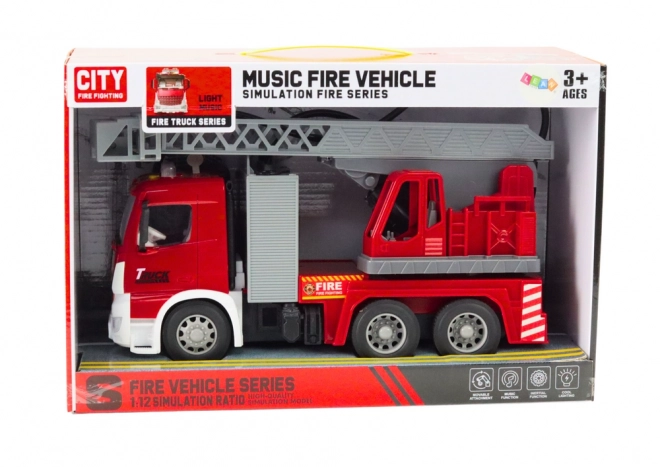 Friction-powered fire truck with extendable ladder, lights, and sounds