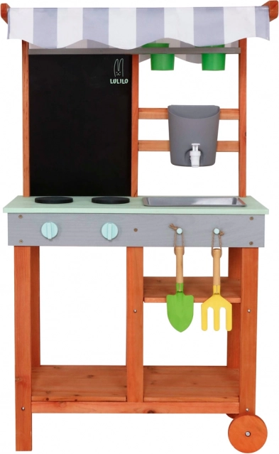 Cuisine de jardin en bois sur roulettes avec accessoires et robinet Lulilo Sableto