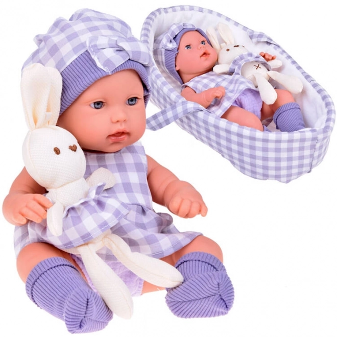 Newborn Doll with Grey Hat and Dress with Bunny Toy