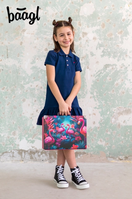 Baagl Foldable School Suitcase with Flamingo Design