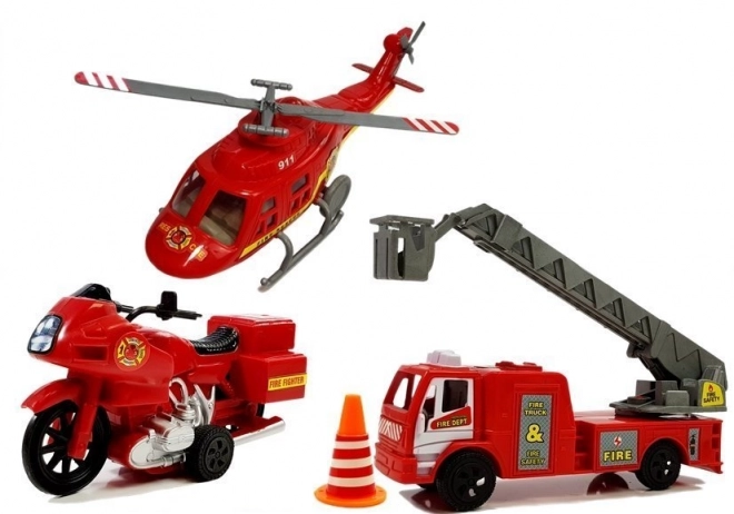 Fire Station Vehicle Set with Helicopter and Motorcycle