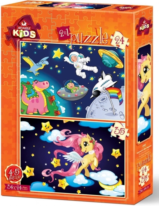 Art puzzle astronaut and Pegasus foal puzzle set