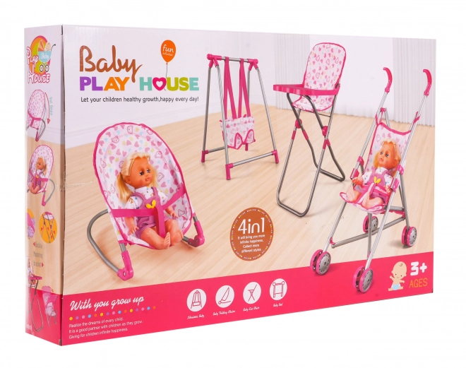 3-in-1 Doll Care Playset with Pink Stroller, Swing, Rocker and Doll