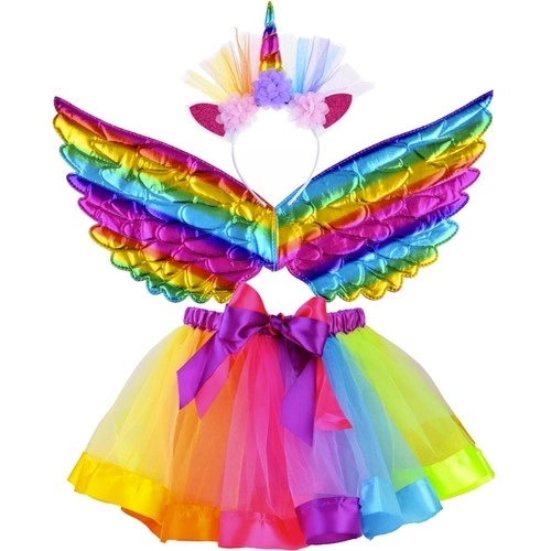 Unicorn Costume with Rainbow Skirt, Wings & Headband