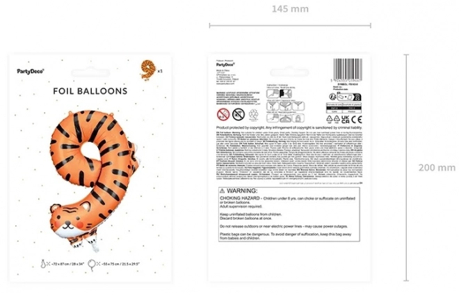 Foil Balloon Number 9 - Tiger Design