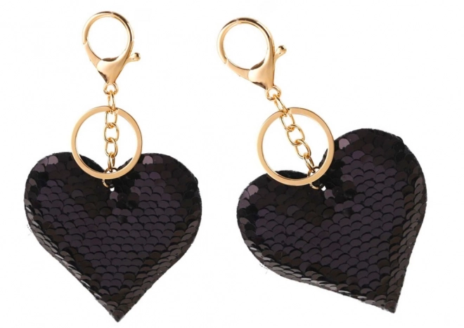 Heart Keychain with Reversible Sequins in Silver and Black