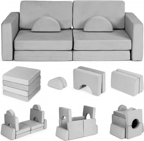 Grande divano modulare pieghevole a due posti per bambini fai-da-te con 10 cuscini morbidi - grigio ECOTOYS