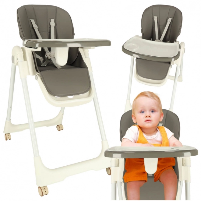 Foldable High Chair With Wheels And Tray - Gray