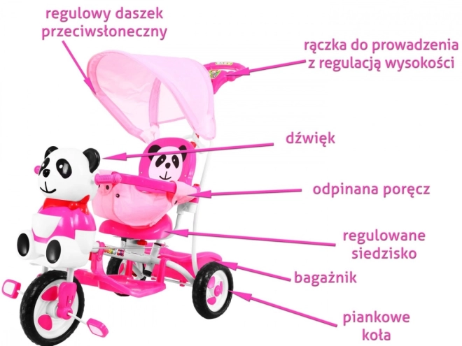 Dětské tříkolové kolo Panda + zvuky + stříška + zábrana + opěrka nohou + rukojeť + ližiny + úložný prostor – Růžové