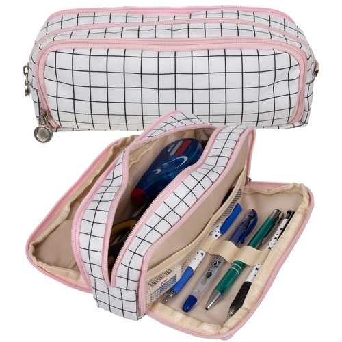 Foldable Triple Compartment School Pencil Case in Checkered