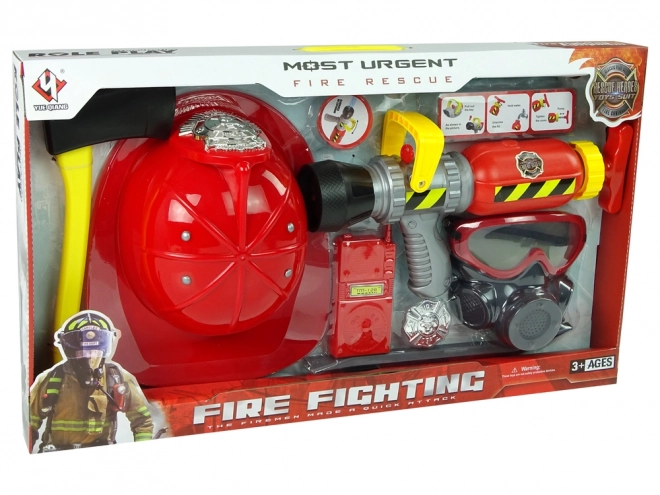 Firefighter Set with Water Extinguisher, Mask, and Red Helmet