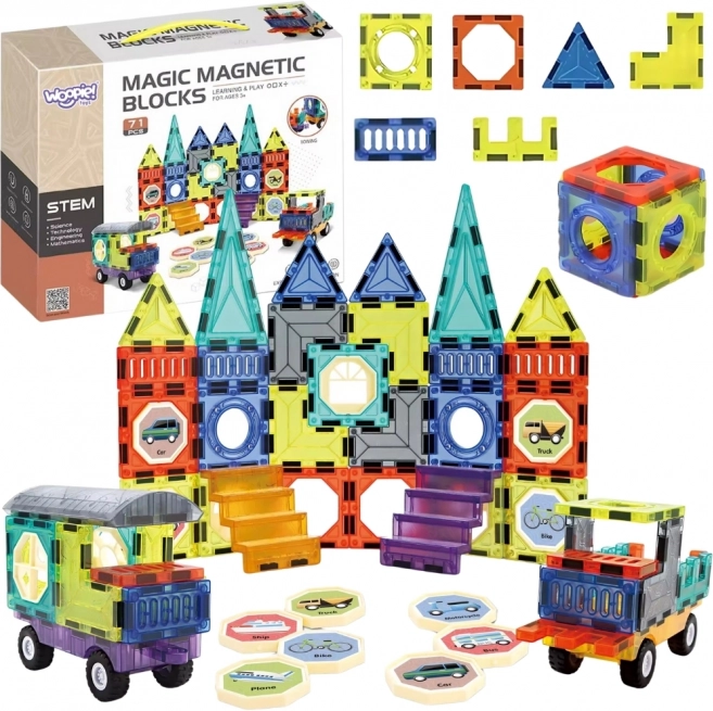 Woopie costruzioni magnetiche 3D – castello e veicoli, 71 pezzi