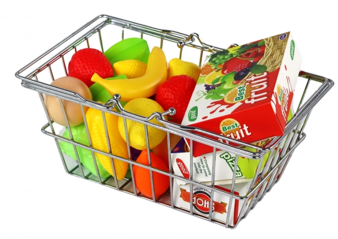 metal shopping basket with groceries toy set