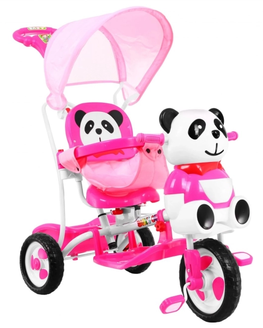 Dětské tříkolové kolo Panda + zvuky + stříška + zábrana + opěrka nohou + rukojeť + ližiny + úložný prostor – Růžové