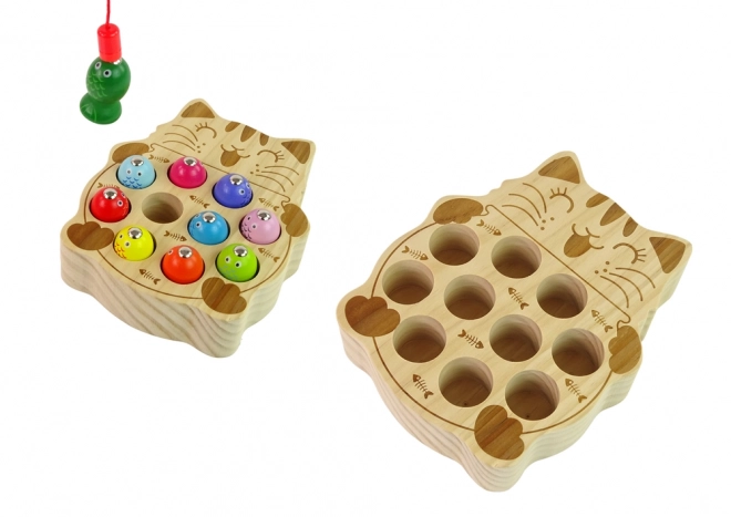 Wooden Fishing Game with Cat and 2 Rods