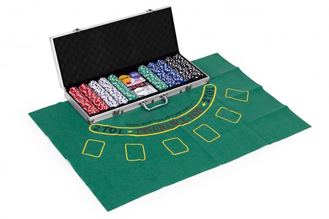 Poker és Blackjack készlet – 500 zseton, 2 pakli kártya, kockák, játéktábla, zárható táska