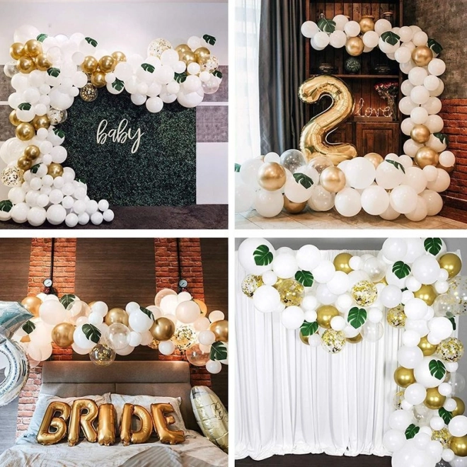 Balloon Garland with White Gold and Leaves