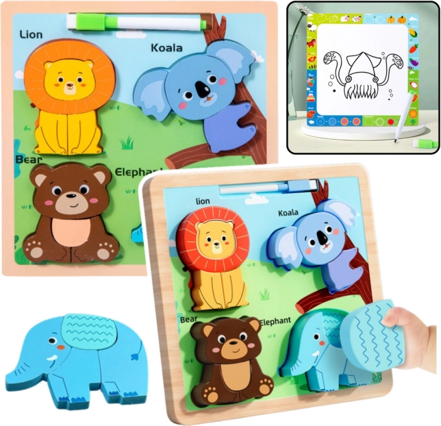 Wooden Educational Puzzle Animals with Drawing Board