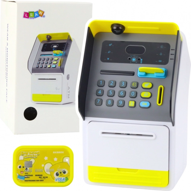 Gele speelgoedbankautomaat-kluis met pincode