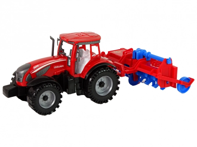 Red Toy Tractor with Plow Friction Drive