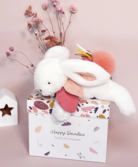 Gift Set Soft Toy Bunny with Dark Pink Pom Pom