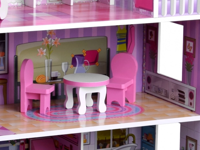 Wooden Dollhouse with Furniture and LED Lights