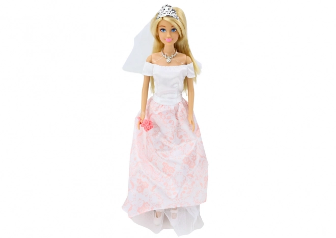 Bride Doll in Wedding Dress with Veil and Flowers